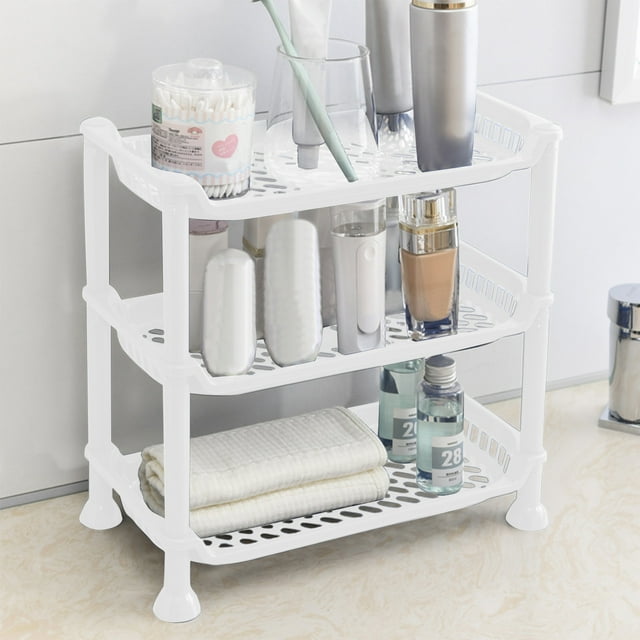 Organizador de baño expandible de 3 niveles con estantes ajustables para un almacenamiento espacioso, ideal para encimeras de cocina y tocador. Aestivo | Blanco | AESTIVO