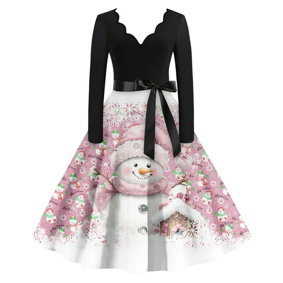 Women's Casual Fashion Christmas Holiday Print V-Neck Vintage Dress for Retro Style Holiday Parties and Casual Outings,Light pink,M