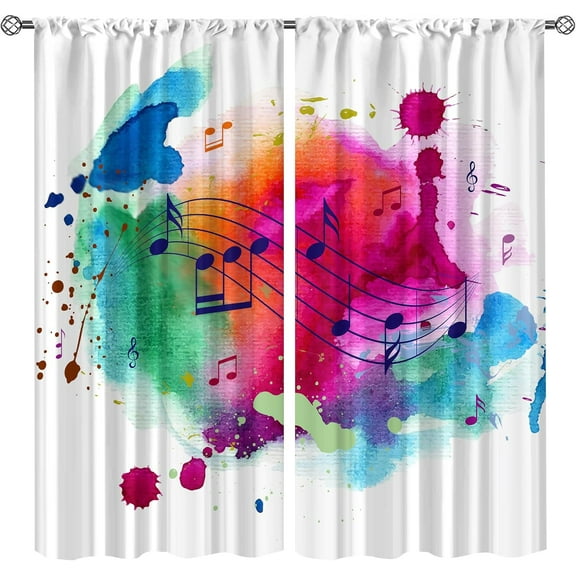 Hippie Hip Hop Musical Notes Blackout Curtains, Rainbow Graffiti Splatters Curtains for Kids Teen, Curtains & Drapes Window Treatments Pattern Clear for Bedroom Living Room Cafe-W52xL84in