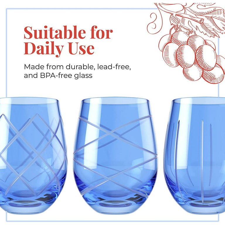 JoyJolt HUE Stemless Wine Glass Set. Large 15 oz Stemless Wine Glasses Set  of 6