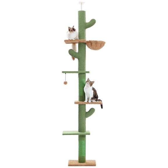 , Cactus Floor to Ceiling Cat Tower with Adjustable Height(95-108 Inches), 5 Level Cat Climbing Tower with Cozy Hammock, Platforms Dangling Balls for Indoor Cats
