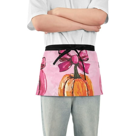 

Pink Pumpkins and Bows Waist Apron Adjustable Server Half Apron Kitchen Cooking with 3 Pockets for Men Women