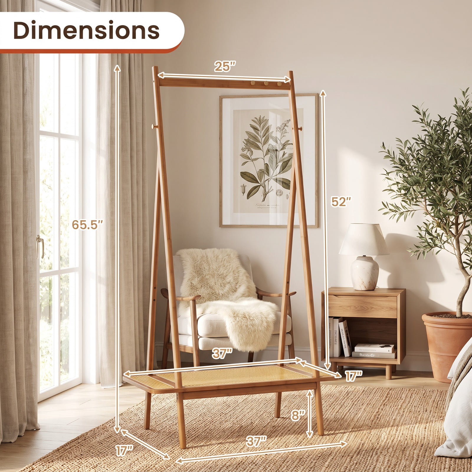 Furnibear Bamboo Clothes Rack with Hanging Rod Rattan Shelf and 5 Copper Hooks Freestanding Garment Rack for Bedroom and Entryway, Brown