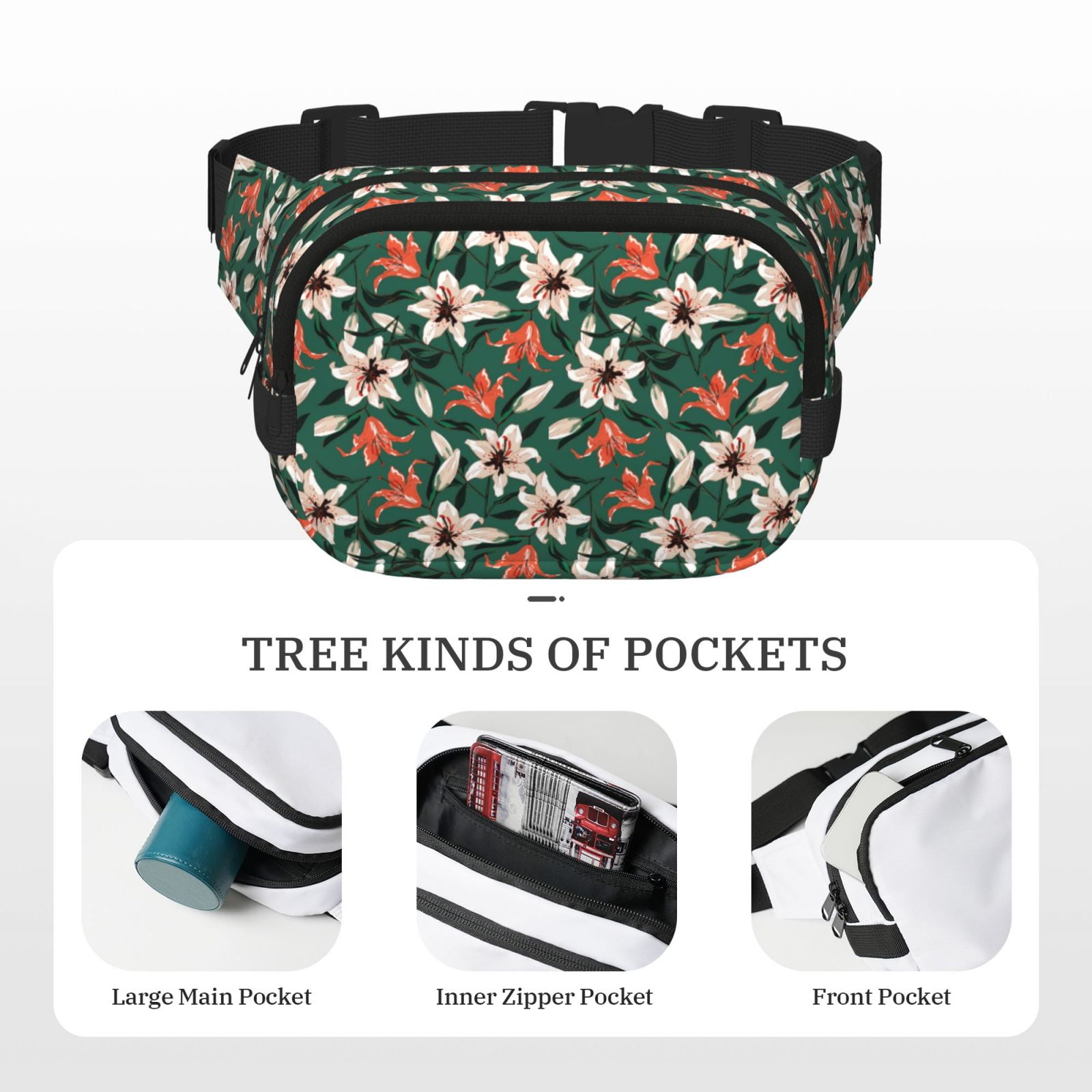 Picia Lilies Flowers Print Square Double-Layer Waist Bag Mini Adjustable Waist Belt Bag Exercise Running Travel Hiking