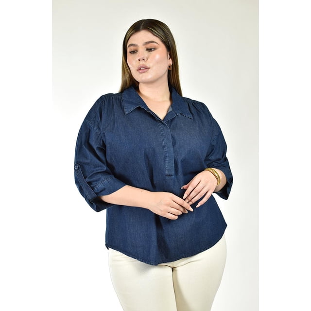 Blusa denim manga 3/4 Roman Fashion /Tallas Extras,2741 (Mezclilla dark) azul oscuro 36