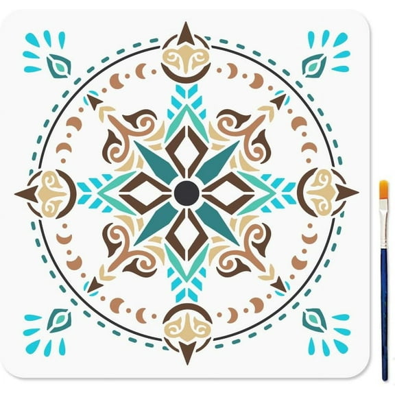 Bohemian Pattern Compass Stencil 11.8×11.8inch with Paint Brush Classic Vintage Floral Moon Phase Painting Stencil Reusable Plastic Template for Wood Wall Window DIY Craft