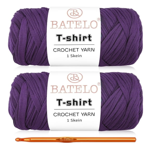 BATELO 2 Pack T-Shirt Yarn Crochet Yarn for Beginner Crochet Bags/Basket/Coaster,Tshirt Yarn 400g/144yds High Elastic Thick Yarn Polyester Fabric(Purple)