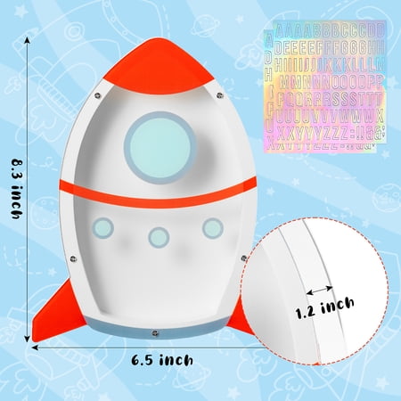 Laffact Space Rocket Wooden Piggy Bank with Alphabet Stickers
