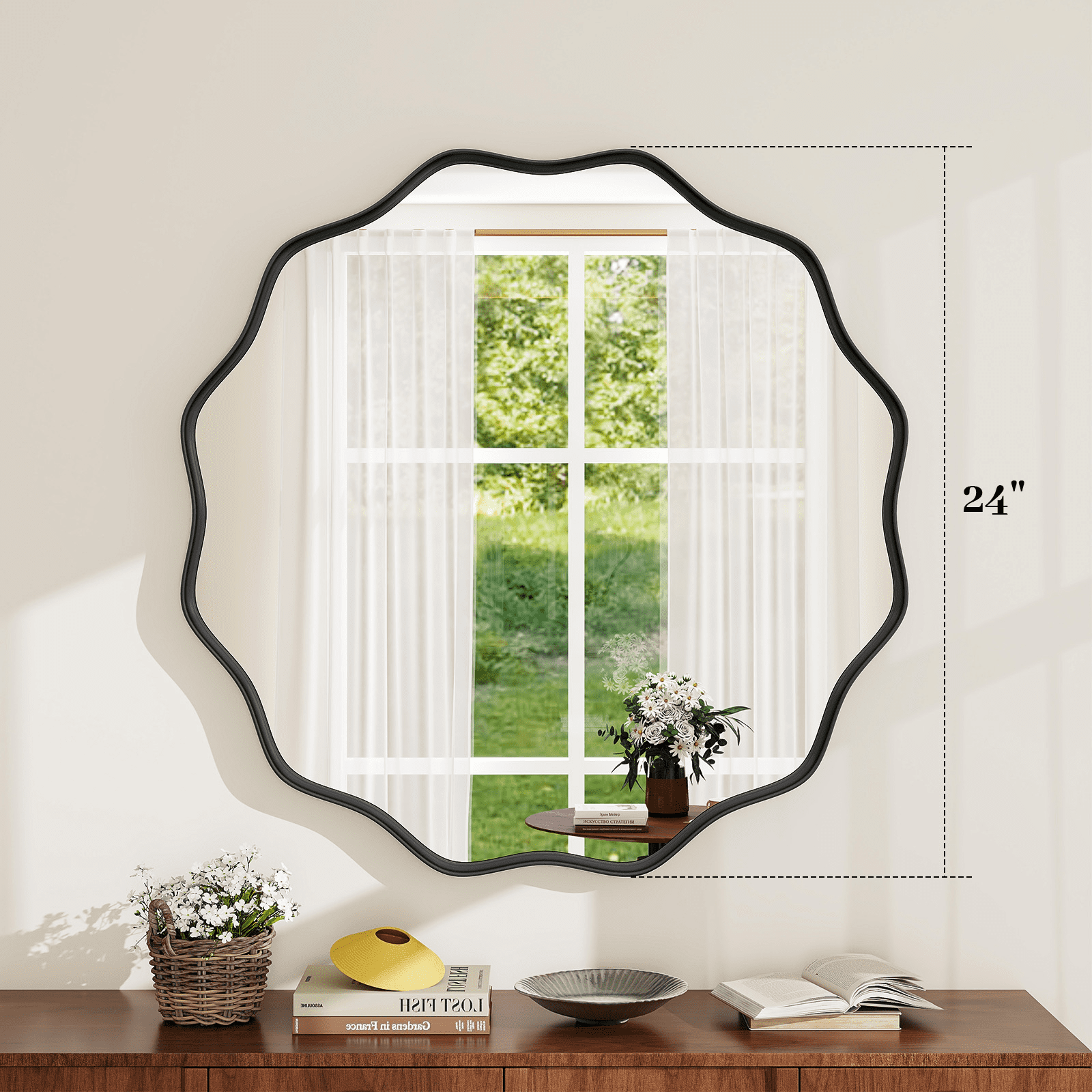 GRAHMCY 24" Wavy Round Bathroom Mirror Decorative Wall Mirror With Deep Frame, Black
