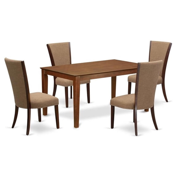 East-West Furniture DUVE5-MAH-47 - A modern dining table set of 4 great kitchen chairs using Linen Fabric Light Sable color and an attractive rectangle kitchen table in Mahogany Finish