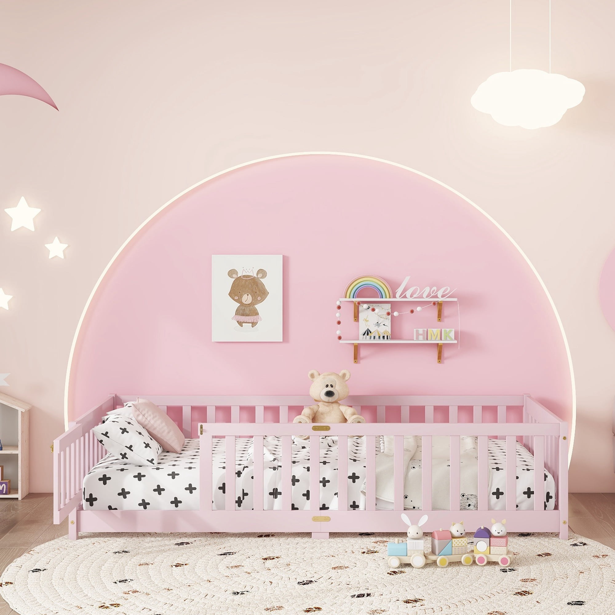 Alvantor Twin Size Floor Bed for Toddler, Solid Wood Floor Bed with Door and Fence Guardrail, Montessori Floor Bed for Boys, Girls,Pink