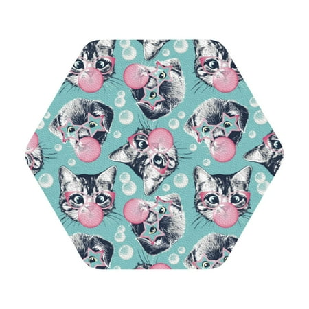 

Qekee Bubble Cat Cute Print PU Leather Absorbent Coasters Leather Coasters Set for Cups Drinks 4 Coasters 6 Pcs for Coffee Bar Home Decor Hexagon