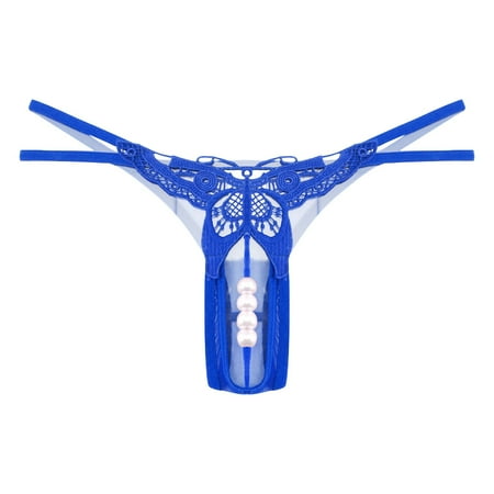 Women Sexy Panties Funny Thongs for Women Gift Blue Lace Thongs Pearl Thong One Size
