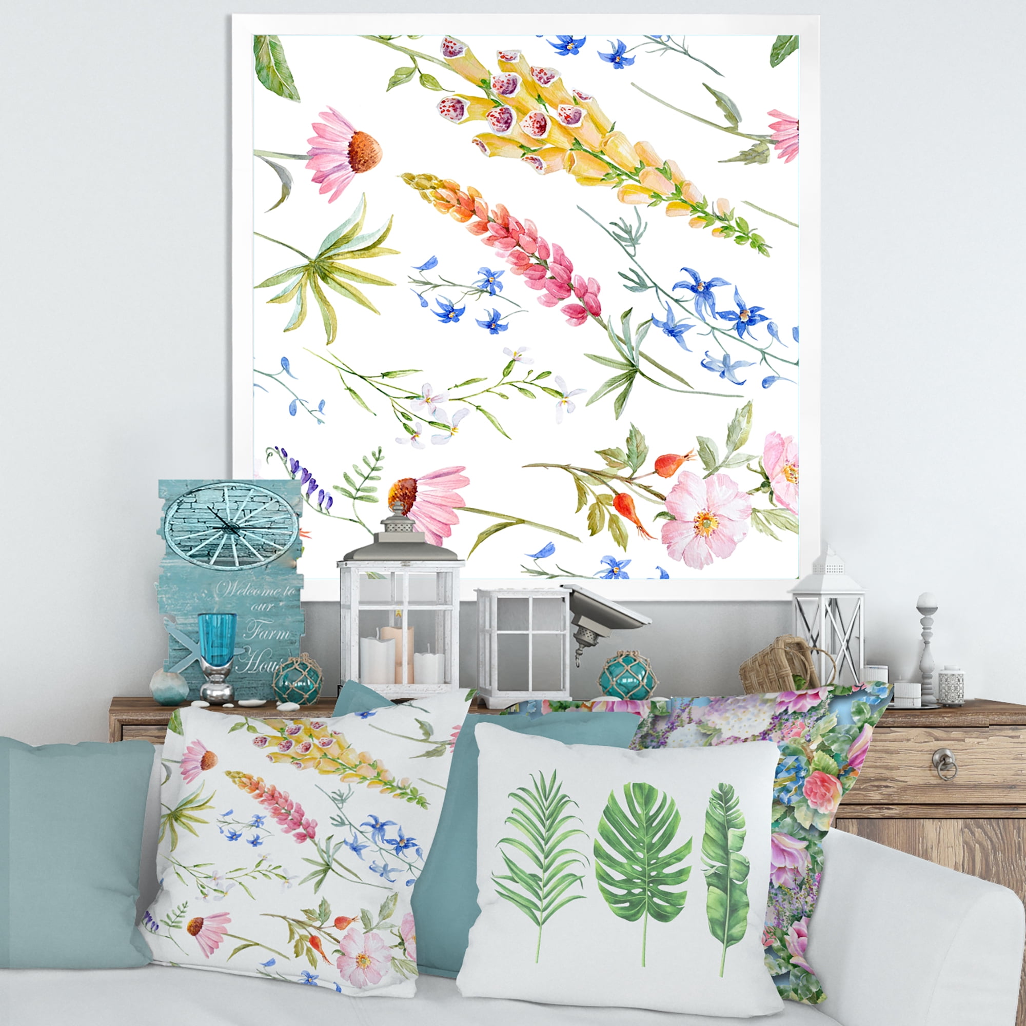 Designart 'Vibrant Summer Wildflowers On White I' Traditional Framed Art Print