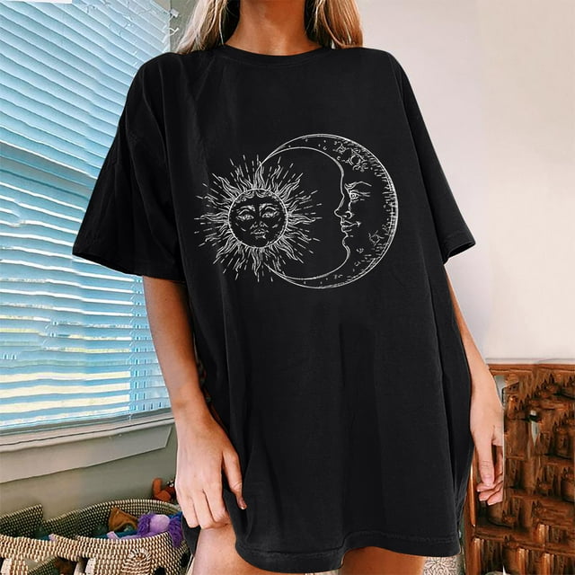 Pntutb Blusa de manga corta informal con estampado de sol y luna vintage para mujer Pntutb Pntutb-3499