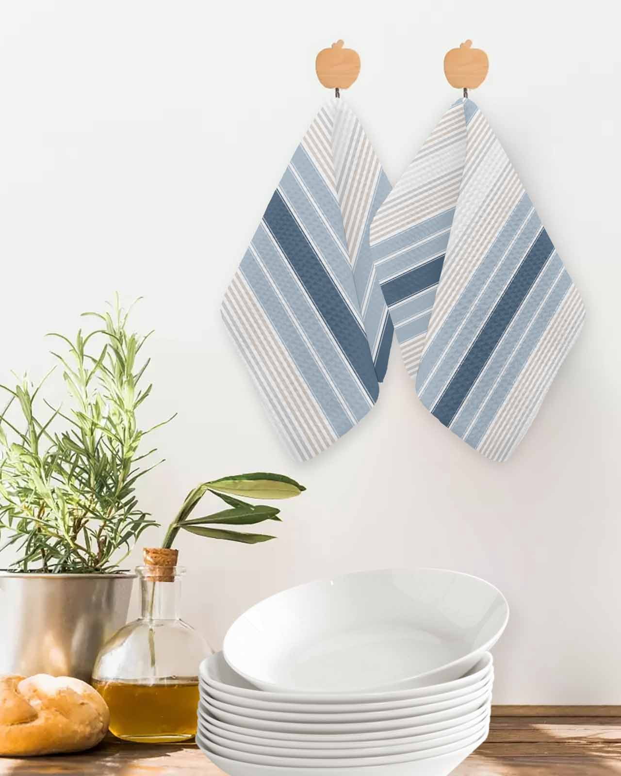 Grey Blue Vertical Stripes Kitchen Dish Towels for Drying Dishes Set of 4, Modern Minimalist Abstract Waffle Weave Microfiber Terry Hand Tea Bathroom Towels Quick Dry & Absorbent Towel 12x12