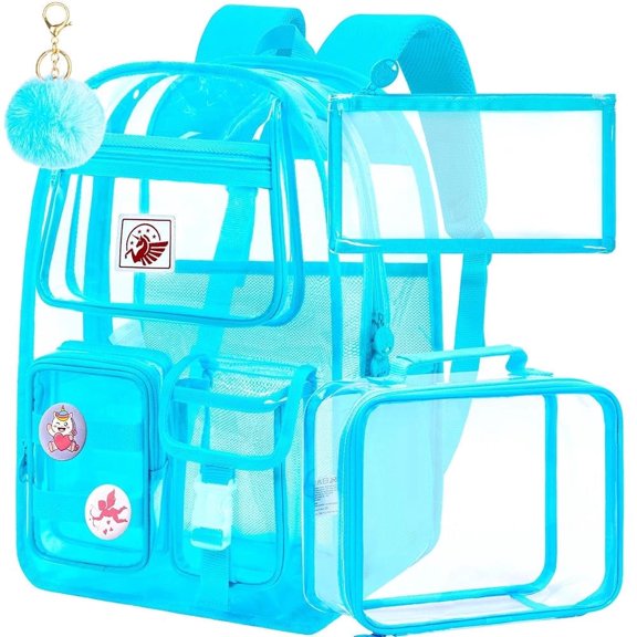 3Pcs Clear Backpack for Girls, School Transparent Bookbag, Heavy Duty See Through Backpacks for Teens Elementary