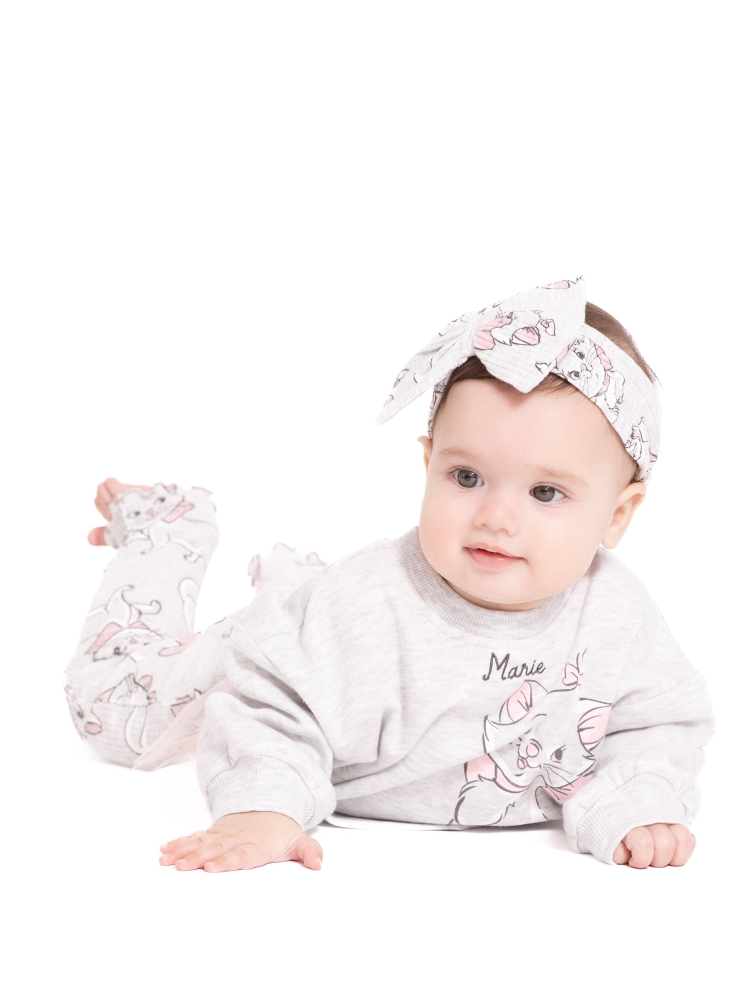 The Aristocats Marie Baby Girls Graphic Tulle Sweatshirt and Printed Leggings with Bow Headband Set, 3-Piece, Sizes 0/3M-24M