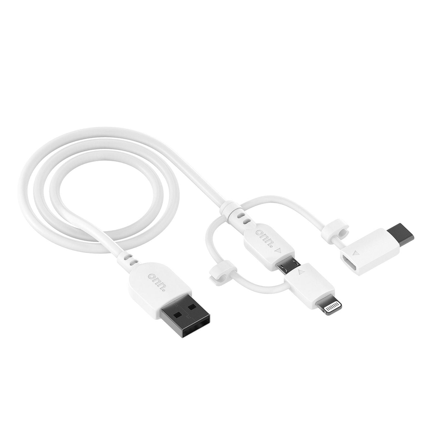 Câble de charge et de synchronisation à trois embouts de 1,8 m (6 pi) avec connecteurs Micro-USB, Lightning et USB-C de Onn.