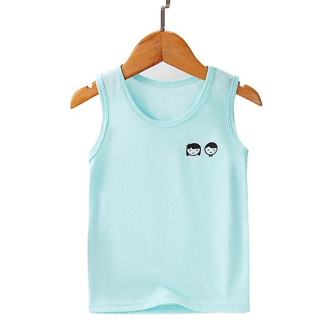 2-11 años camisetas sin mangas estampadas para niños camisetas sin mangas sverde6-7 años camiseta sin mangas en mezcla de algodón, vista frontal centrada, talla 6-7 años, color sverde (verde claro) con pequeño estampado de dos caritas en el pecho, cuello redondo y costuras visibles, colgada en percha sobre fondo blanco. Ideal para usar como capa interior en clima cálido.