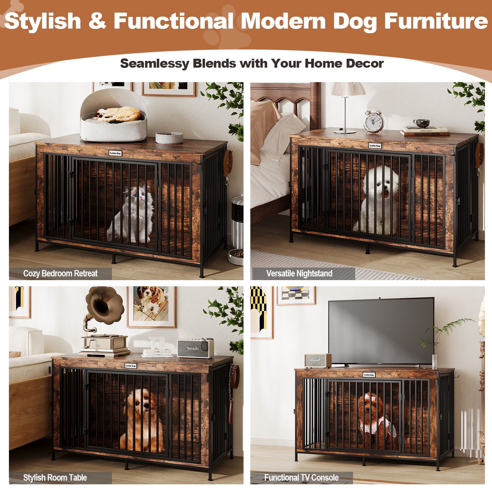 47 Inch Dog Crate Furniture, Large Dog Kennel & End Table, Sturdy Wooden Dog Cage TV Stand with Divider, Decorative Dog House for Medium to Large Dogs