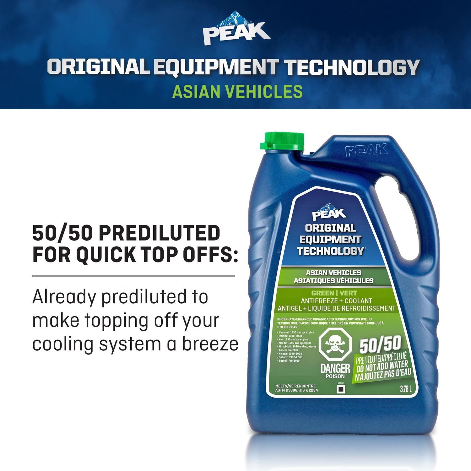 Peak® OET Vie Prolongée Vert 50/50 Pre-Diluted Antigel + Liquide de refroidissement pour Véhicules Asiatiques, 3,78 Liters
