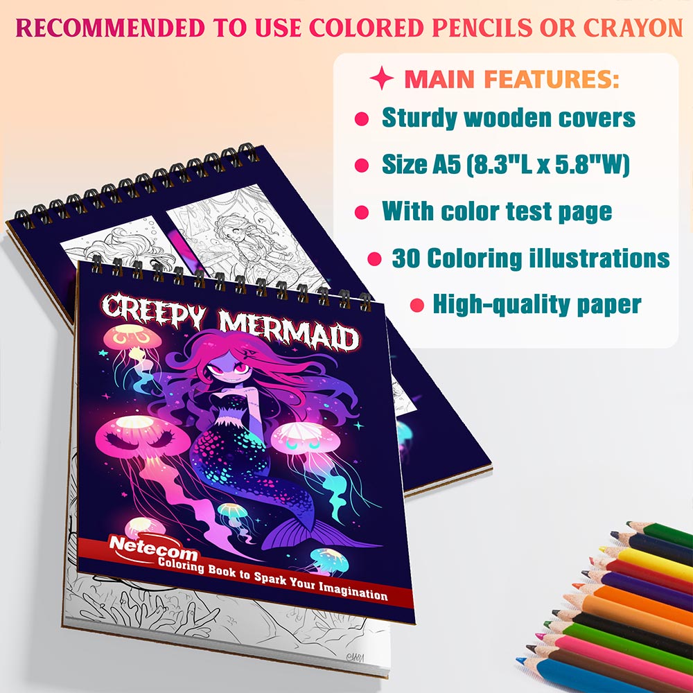 Netecom Creepy Mermaid Coloring Book Spiral Bound for Adults, A5 Wooden Cover, 30 Spooky Coloring Pages of Dark Fantasy Creatures in Ocean Relaxed for Stress Relief and Relaxation