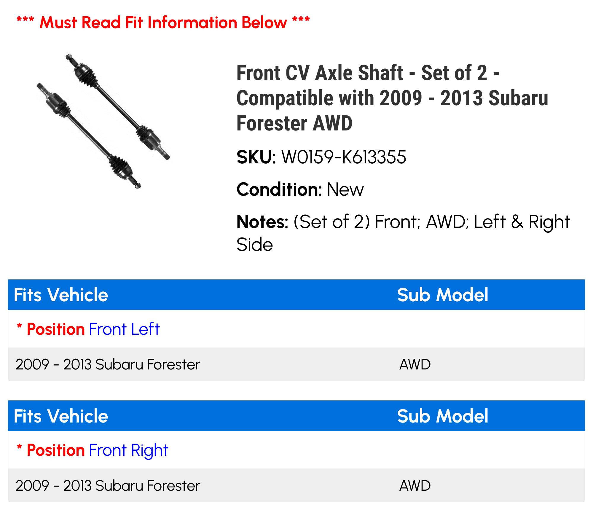 Front CV Axle Shaft - Set of 2 - Compatible with 2009 - 2013 Subaru Forester AWD 2010 2011 2012