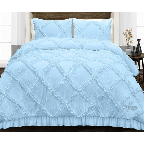 SGI Oversized Queen Diamond Ruffle Comforter Set Microfiber 3 Piece Light Blue