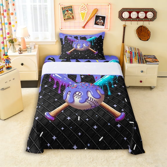 Erosebridal Purple Dripping Black Grid Purple & Cyan Baseball & Bat Graphic Twin Sheet Sets 3pcs, Sport Graphic Bedding for Boys And Girls Kids,Super Cozy Room Decor