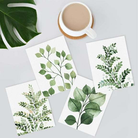 PixonSign Frameless Wall Art, Green Pastel Forest Fern Leaf Posters, Set of 4 Collage Nature Garden Wall Decor Prints, Nature Wilderness Adhesive Canvas Wall Décor, Classic Artwork - 8"x10"