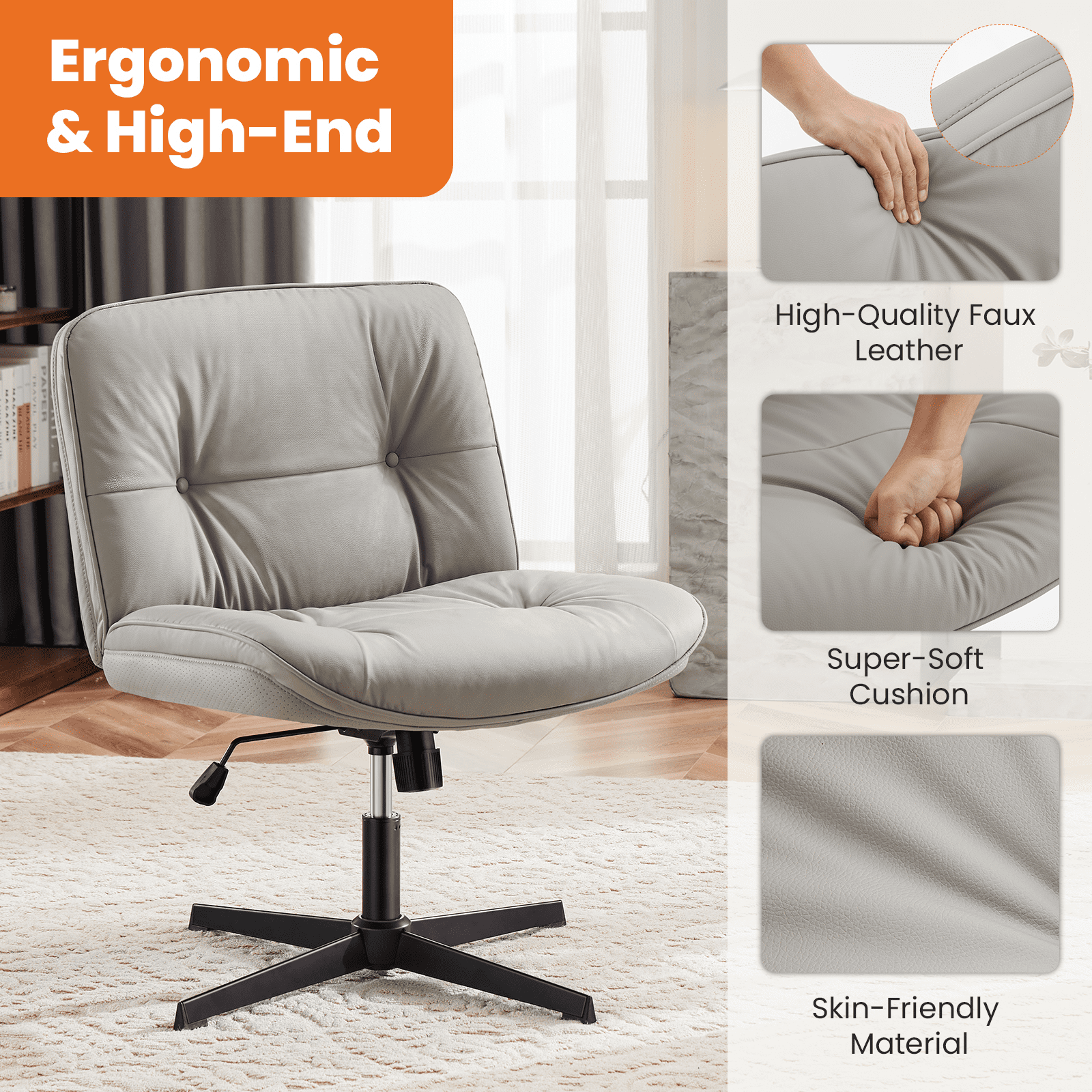 MAYEERTY Criss Cross Legged Chair, Armless Office Desk Wide Seat No Wheels, Swivel Height Adjustable Comfy