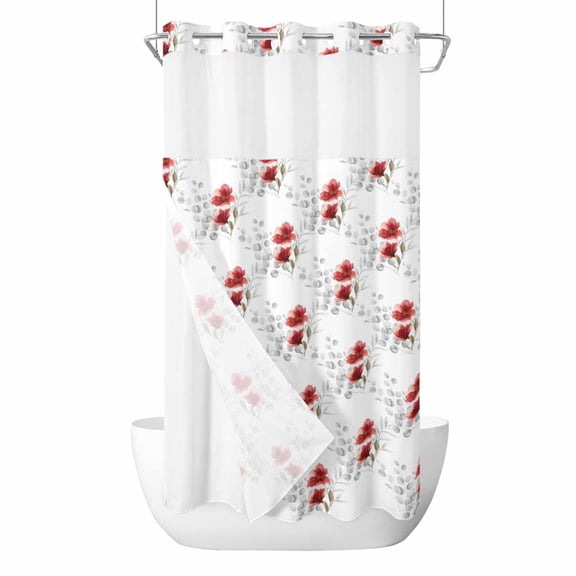 No Hook Red Poppy Flowers Shower Curtain with Snap in Liner Set, Spring Gray Eucalyptus Leaves Rustic Waterproof Fabric Bathroom Curtains with See Through Top Window, Hotel Style Stall 54 x 78 Inch