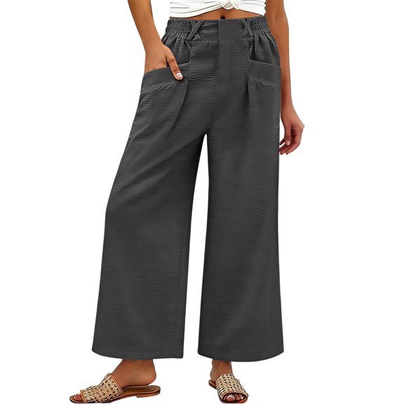 GUACER Wide Leg Pants for Women Elastic Waist Pleated Textured Trousers with Pockets Casual Loose Fit Pants