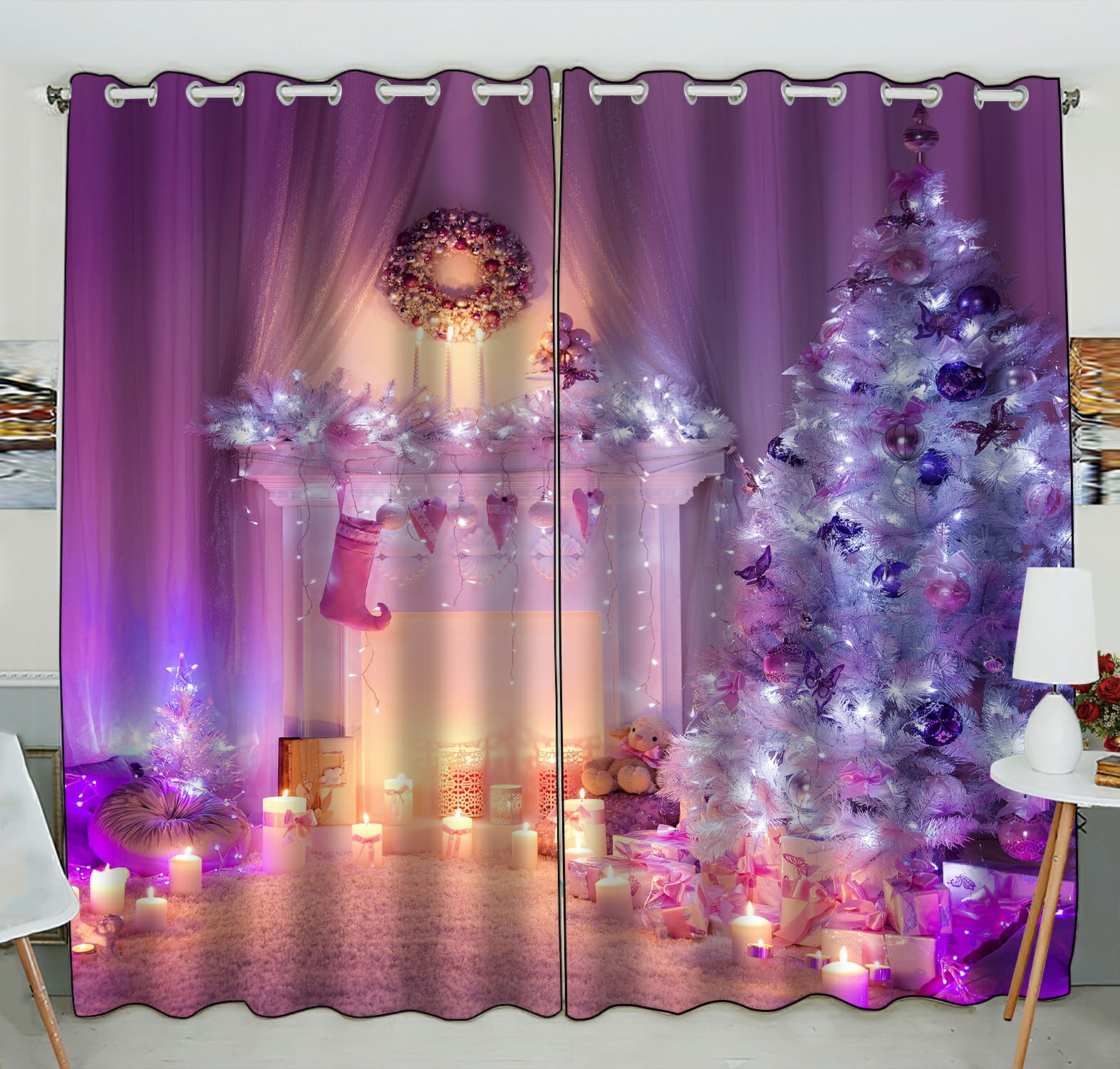 ABPHQTO Christmas Fireplace Tree Lights Xmas Hanging Sock Presents