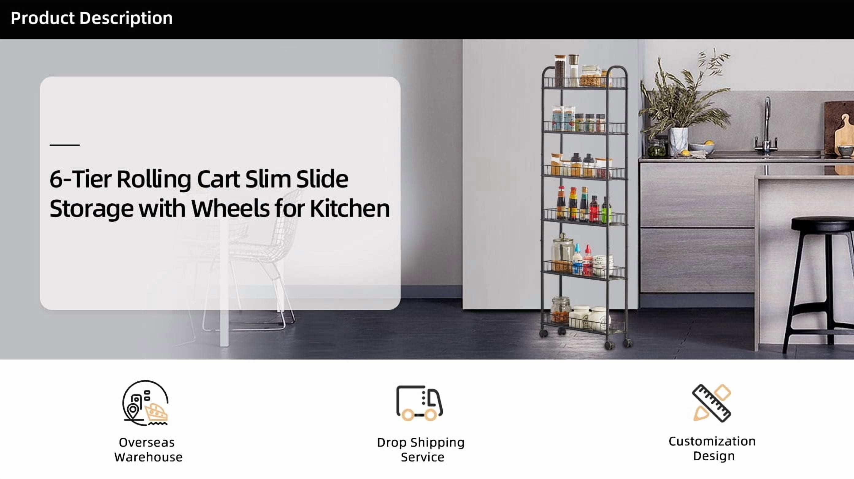 6‑Tier Slim Rolling Gap Storage Cart with 6 Baskets, Narrow Slide‑Out Utility Tower Rack with Lockable Wheels for Kitchen Bathroom Laundry Washer‑Dryer Gap Storage