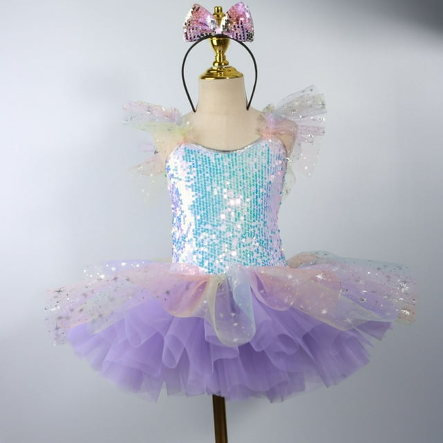 HOZADOIE Ballet Robes pour Filles Camisole à Sequins Jupe de Pratique de Danse Justaucorps en Maille Robe Princesse Sans Manches Col en V Jupe Bouffante avec Bandeau Vêtements de Danse pour Enfants 1-14 Ans