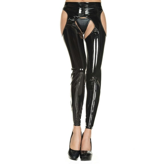 Music Legs Women's Footless wet look suspender tights 35111-BLACK