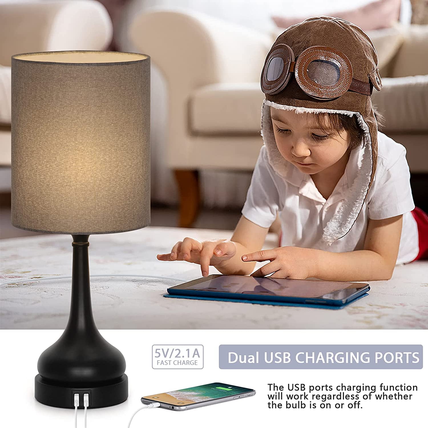 Touch Bedside Lamps with Dual USB Ports, Grey Fabric and Black Vase Base Lamps - Without Bulb