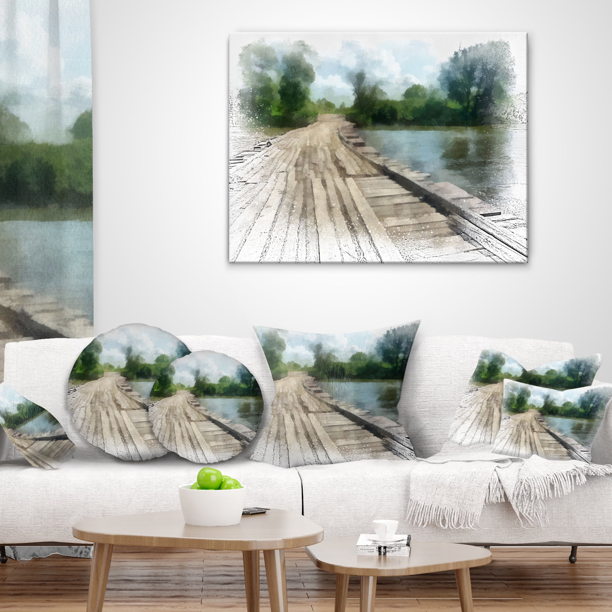 Designart Bridge over Waterfall in Forest - Landscape Printed Throw Pillow - 12x20