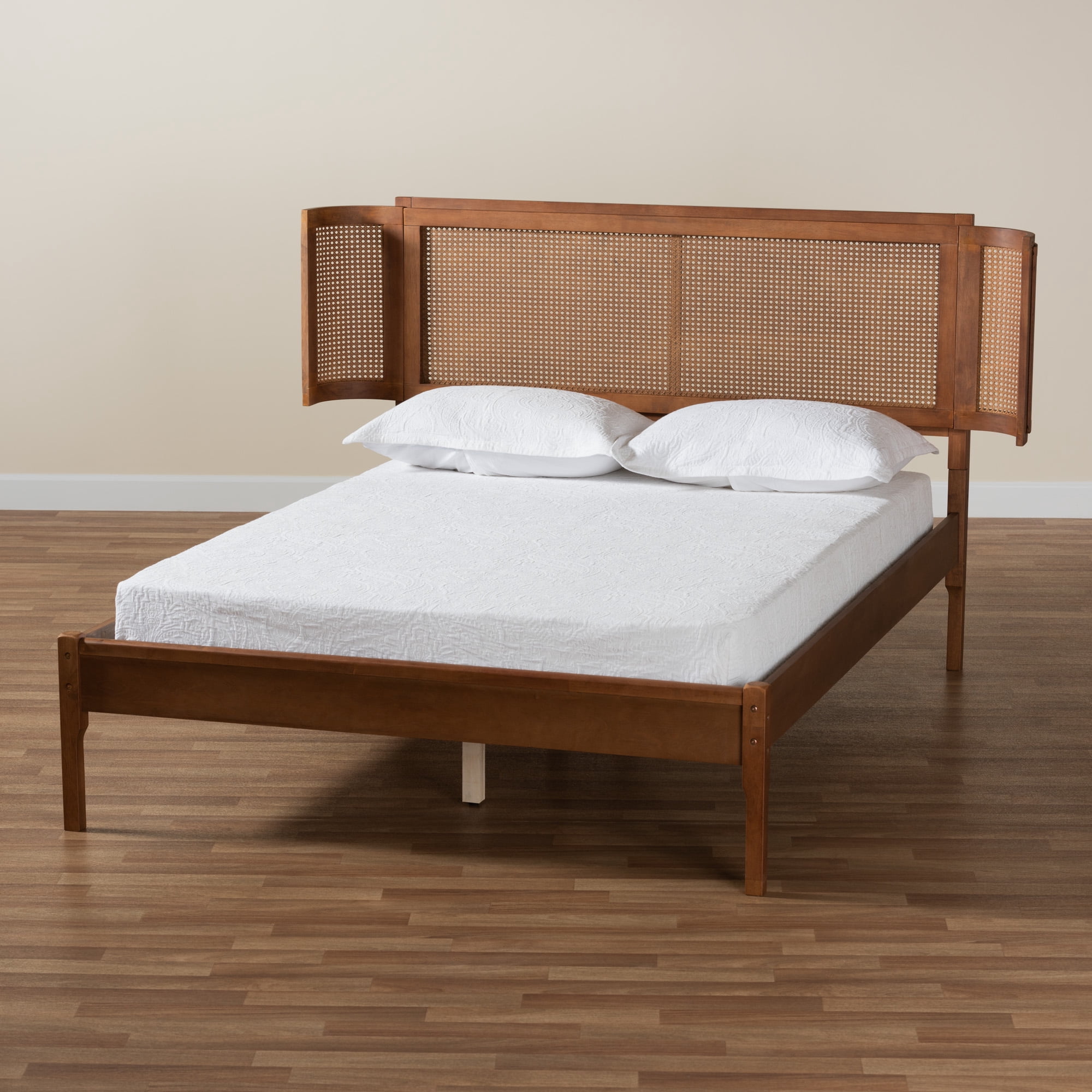 Baxton Studio Eridian Mid-Century Modern Walnut Brown Finished Wood and Natural Rattan Queen Size Platform Bed