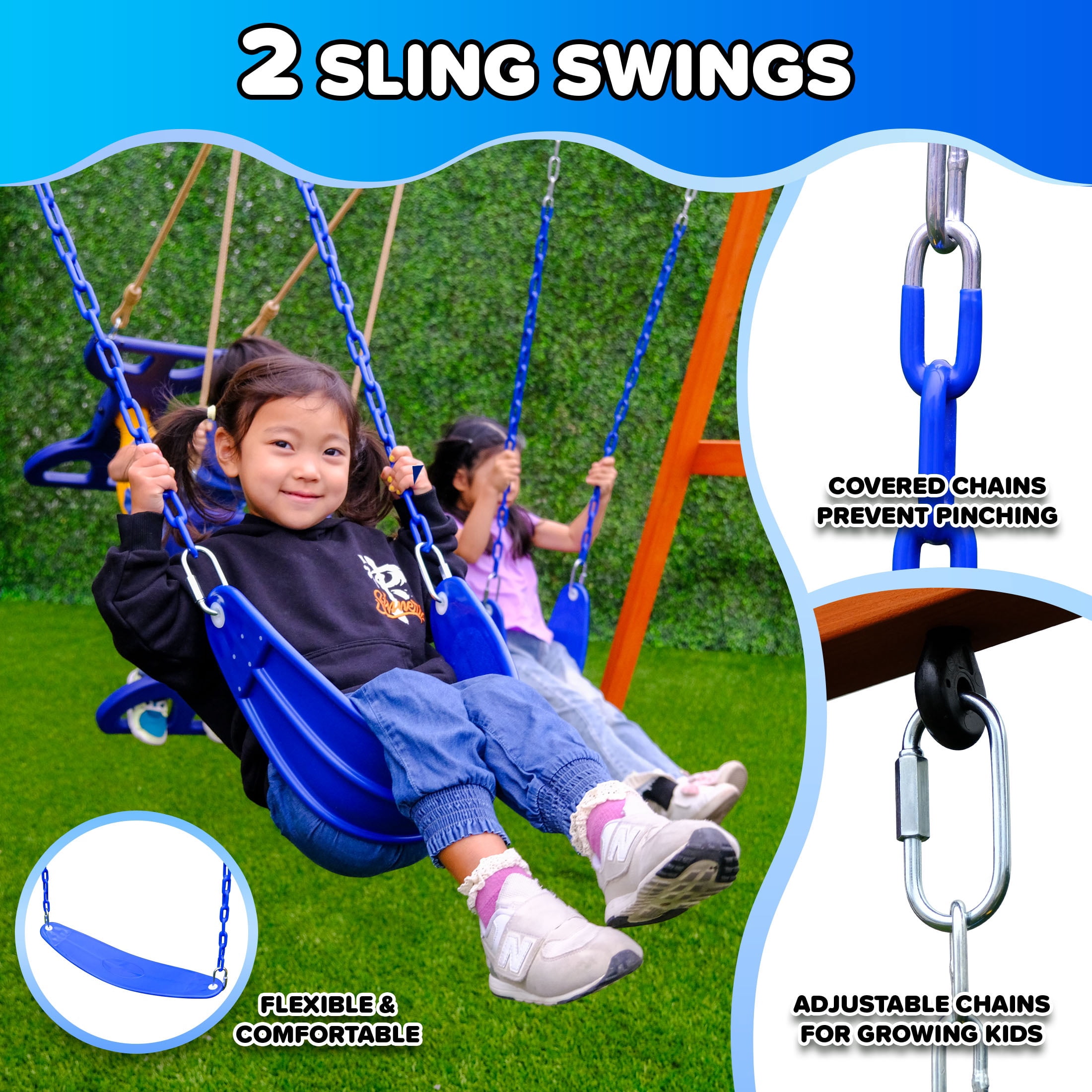 Sportspower™ Madison Wooden Swing Set with 2 Height Adjustable Swings and 2 Person Roman Glider Swing, Backyard Outdoor Playset for Kids