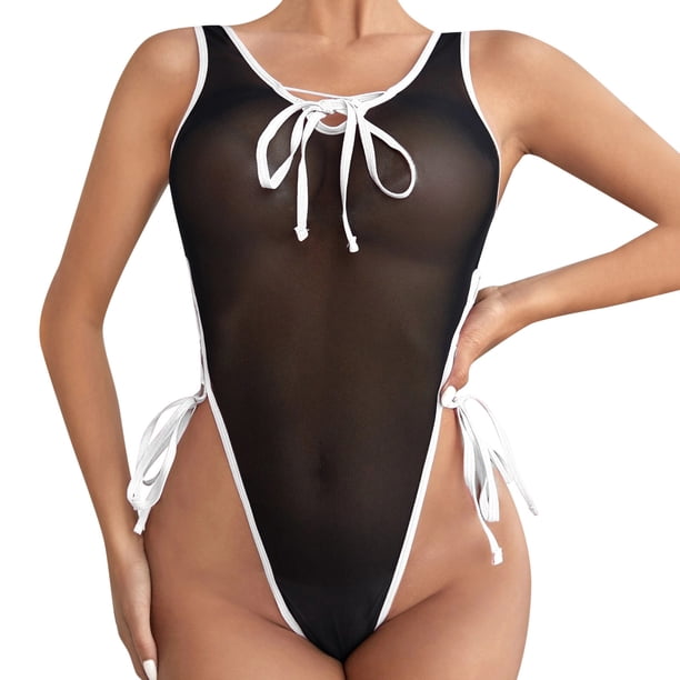 Gibobby Lenceria mujer sexy Lencería para mujer con encaje frontal abierto, ropa de dormir halter Nighty(Negro, CH)