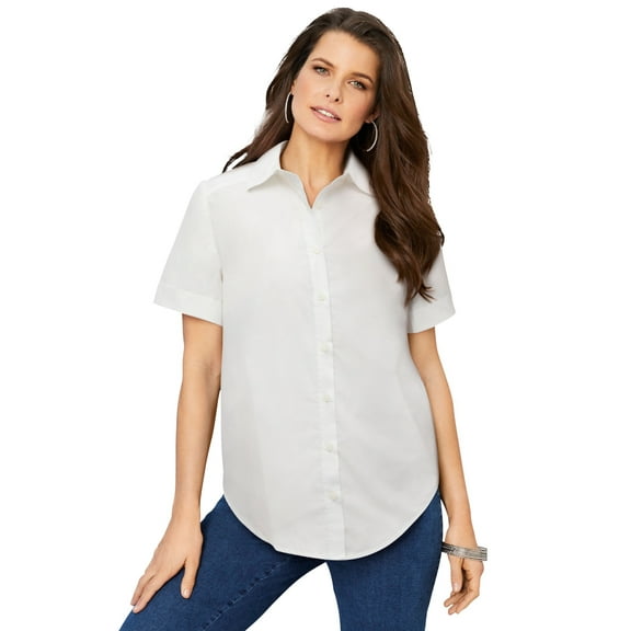 Roaman's Women's Plus Size Kate Short Sleeve Easy Cotton-Blend Button-Front Shirt