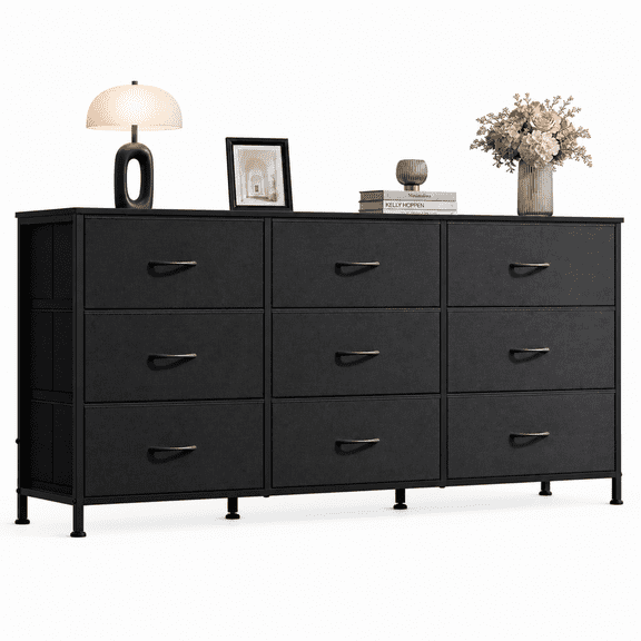 GALAXHERO Fabric Dresser for Bedroom, 9 Drawers Dresser with Wood Top, TV Stand for 55'' TV, Black Chest of Drawers for Closet, Living Room, 47''W