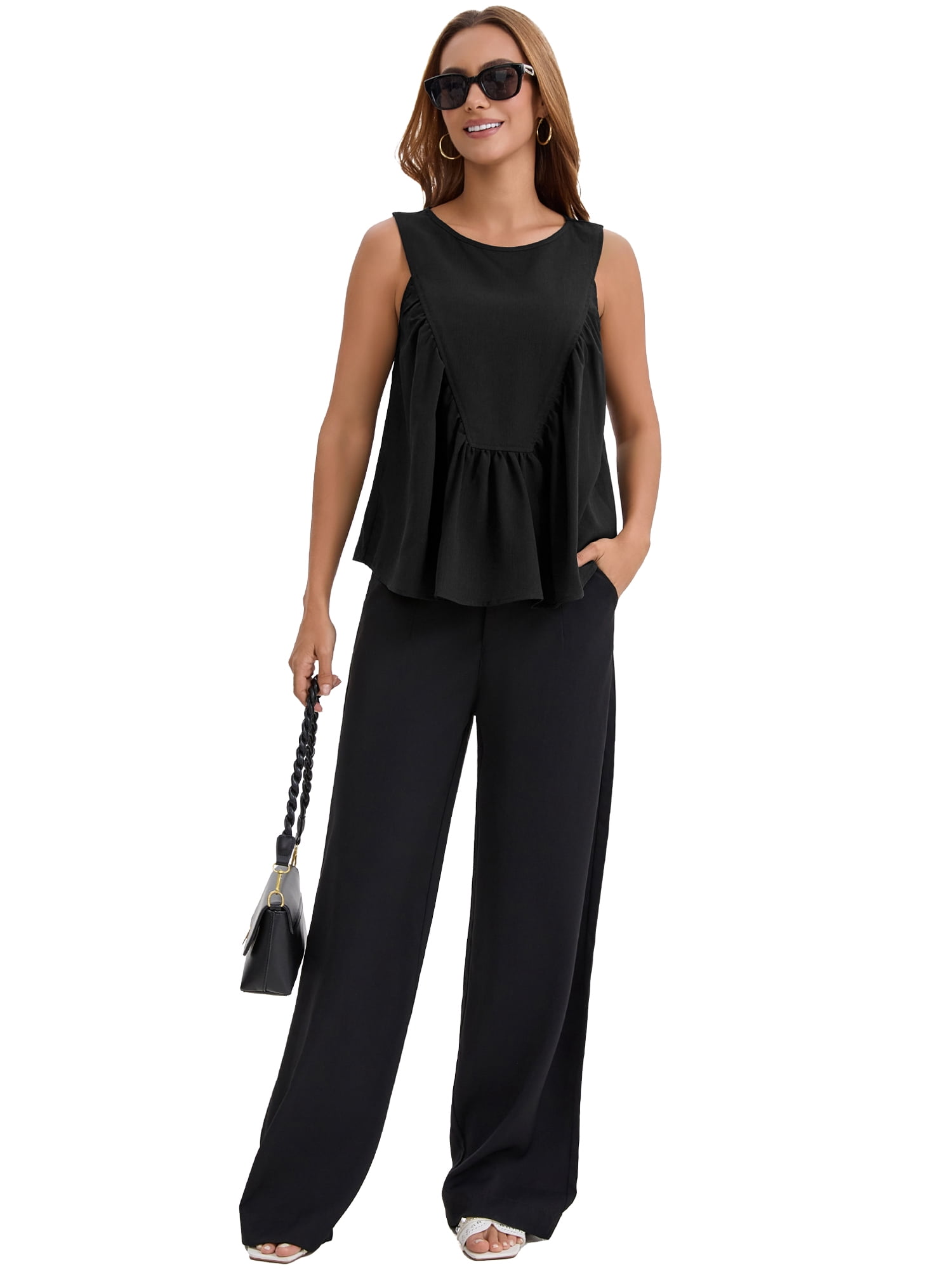 DARING DIVA Women's Babydoll Tank Summer Peplum Sleeveless Casual Flowy Shirts S Black