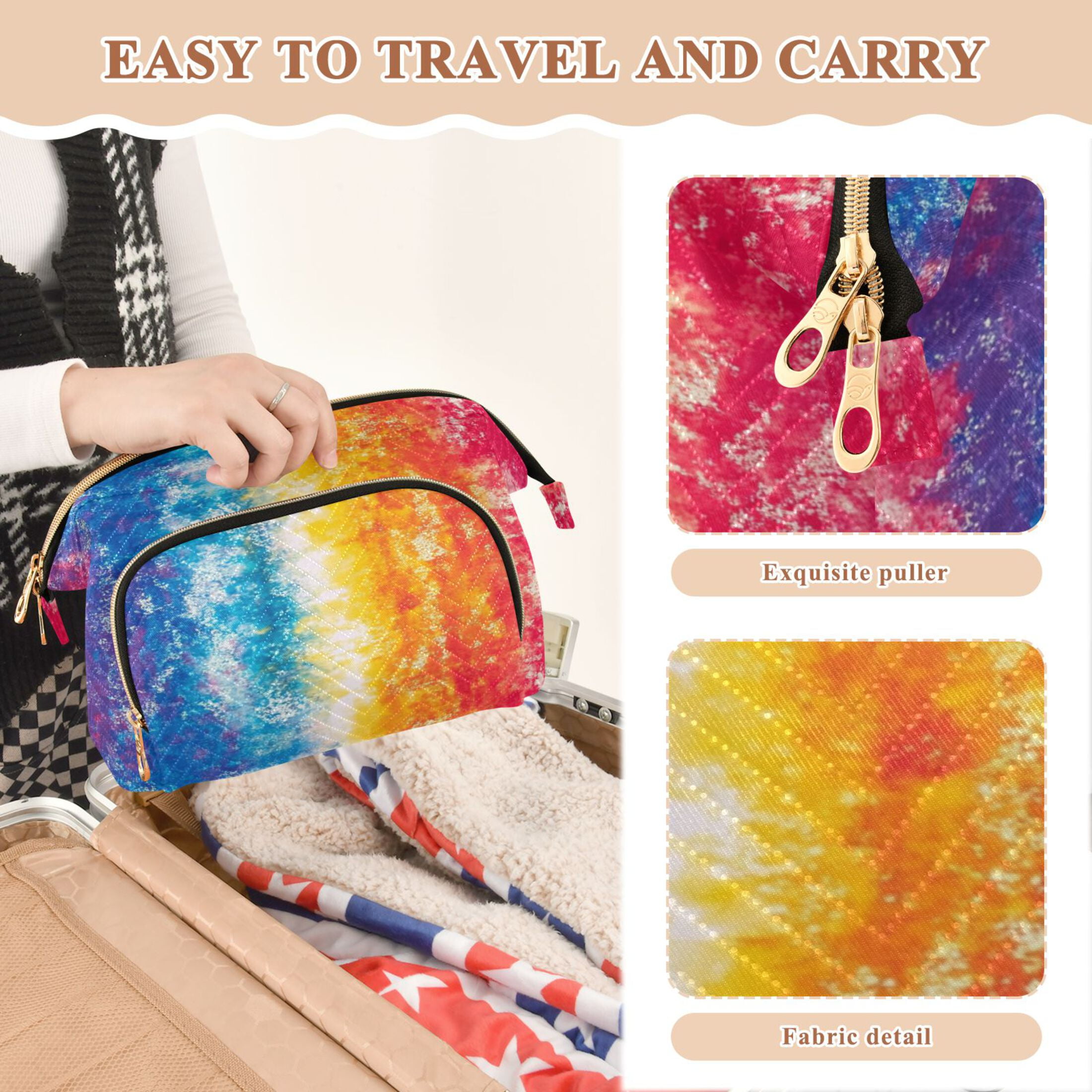 Wavy Quilted Cosmetic Bag Large-Capacity Travel Toiletry Organizer Includes 9-Piece Portable Travel Bottle Set Rainbow Color Tie-dye