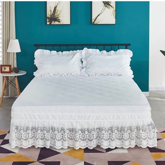 Zhuge Vintage Pleated Dust Ruffle with Lace Trim, Retro Elegant Bed Skirt, 39.38 x 78.75 Inch Base 14.97 Inch Drop Bedroom Bedding Decor, White
