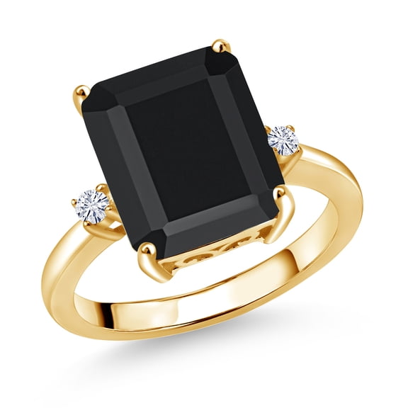 Gem Stone King 18K Yellow Gold Plated Silver 12X10MM Black Onyx and 2MM White Moissanite 3 Stone Engagement Ring for Women | 5.85 Cttw | Gemstone December Birthstone | Size 7