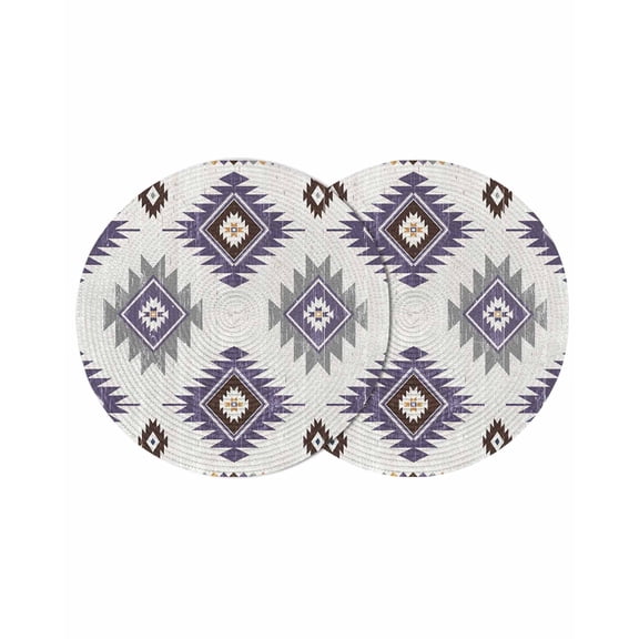 Purple Aztec Round 13 Inch Placemats Set of 2, Southwest Boho Abstract Gray Geometric HeatResistant Non Slip Place Mats for Dining Table, Wipeable Braided Kitchen Table Mats for Housewarming